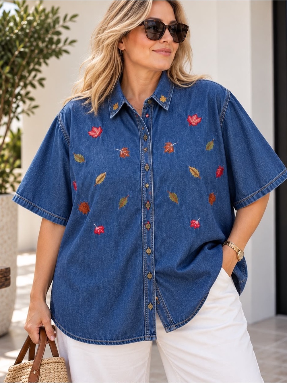 Vintage 90s Bobbie Brooks Embroidered Fall Leaves Denim Shirt Plus Size 22W/24W